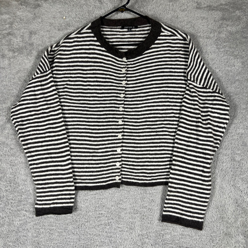 Forever 21 Cardigan Sweater Womens Small Brown Striped Button Front Wool Blend